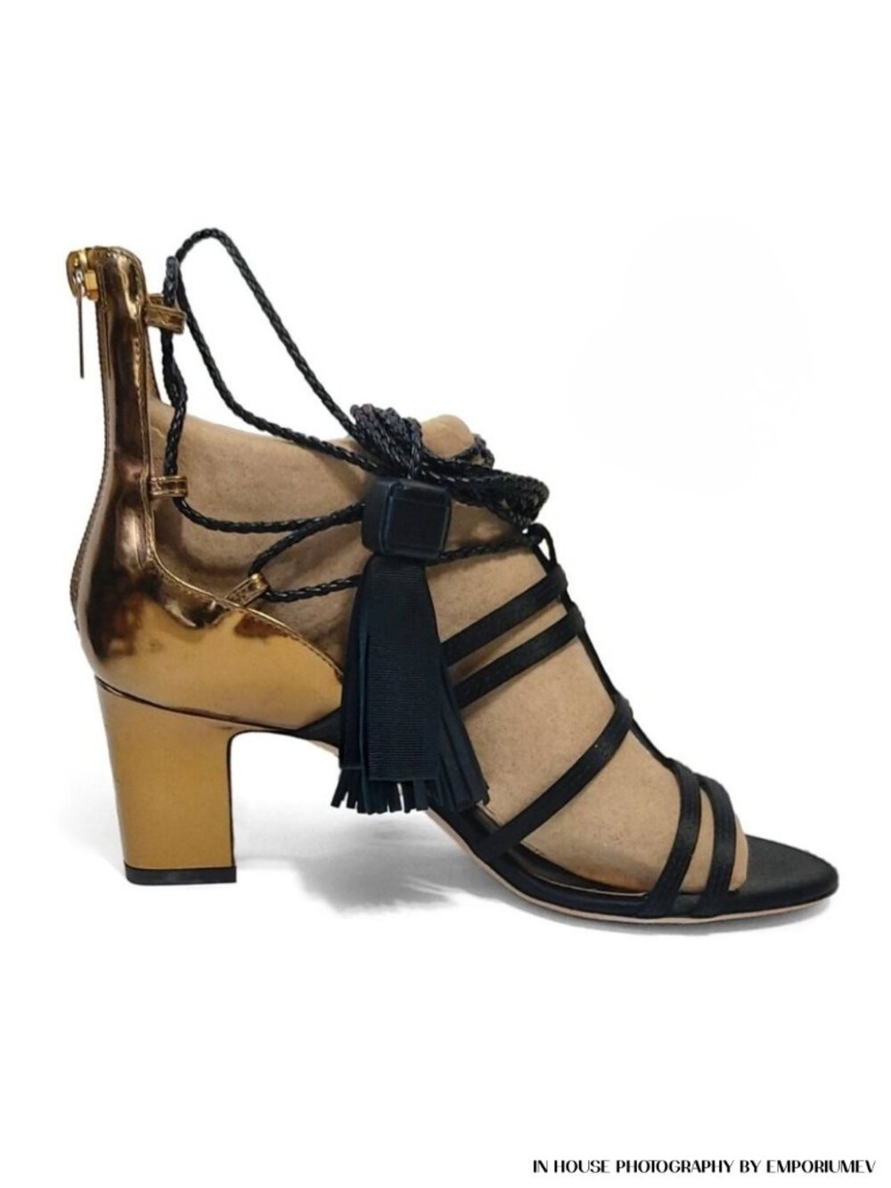 Jimmy Choo Diamond 65 Black and Gold Leather 36.5 EU 6.5 US Strappy Sandals